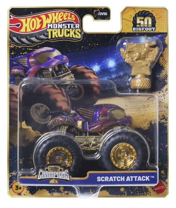 HOT WHEELS MONSTER TRUCK 50 BIGFOOT TROPHY CHAMPIONS MASINUTA SCRATCH ATTACK SCARA 1 LA 64 [1]