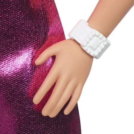BARBIE FASHIONISTAS PAPUSA BARBIE BLONDA CU ROCHIE ROZ METALIZAT [5]