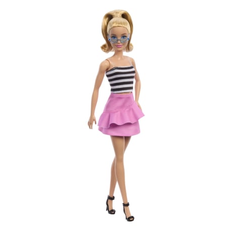 BARBIE PAPUSA BARBIE FASHIONISTA BLONDA CU PARUL PRINS IN COADA SI FUSTA ROZ [5]