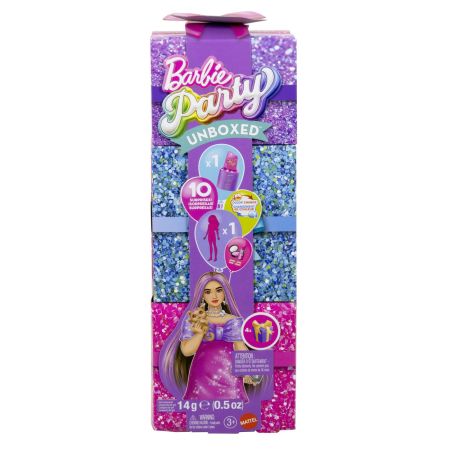 Papusi si accesorii - BARBIE SET PARTY UNBOXED REVEAL PAPUSA BARBIE MOV CU 10 ACCESORII SURPRIZA