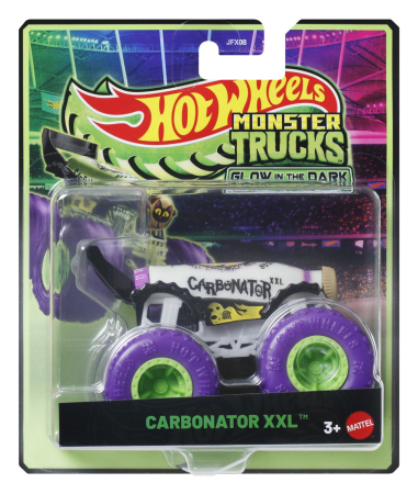 Mașinuțe, Motociclete, Elicoptere, Avioane - HOT WHEELS MONSTER TRUCK GLOW IN THE DARK MASINUTA CARBONATOR XXL CU ROTI MOV SCARA 1 LA 64
