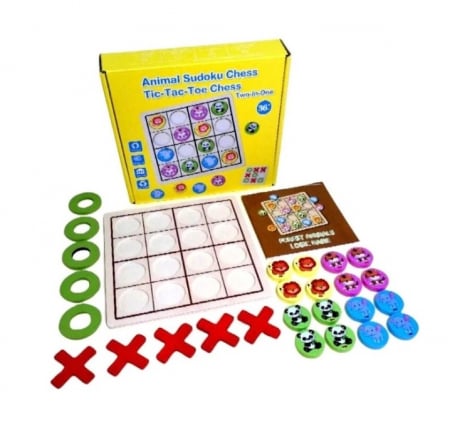 Jucării interactive - Joc X si 0 din lemn si Sudoku Animale 2 in 1