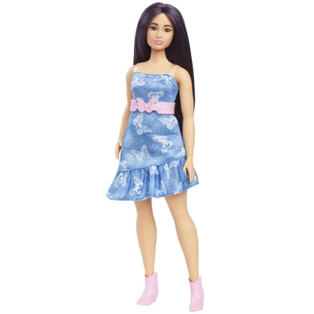 PAPUSA BARBIE FASHIONISTA CU PARUL MOV SI ROCHITA CU FLUTURASI [1]