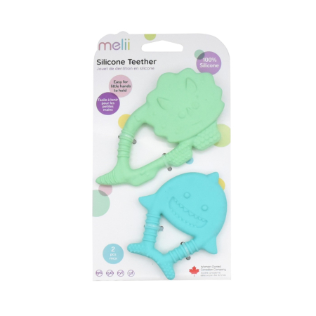 Accesorii hrănire bebe - SET 2 JUCARII DENTITIE SILICON MELII MODEL DINO + RECHIN