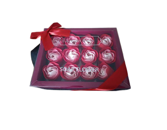 Set de 12 flori de săpun, ambalate în cutie roșie, cu fundiță [2]
