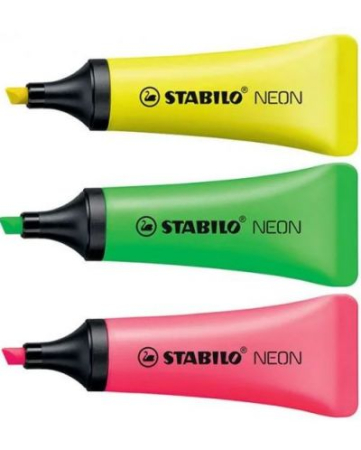 Birotică - Set 3 Textmarkere Stabilo Neon – Culori Fluorescente, Design Tub Flexibil și Tehnologie Anti-Uscare