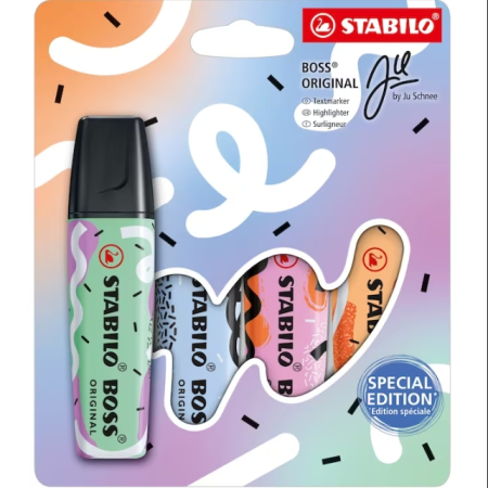 Birotică - Set 4 Textmarkere Stabilo Boss Original by Ju Schnee – Ediție Limitată, Culori Pastelate și Design Artistic