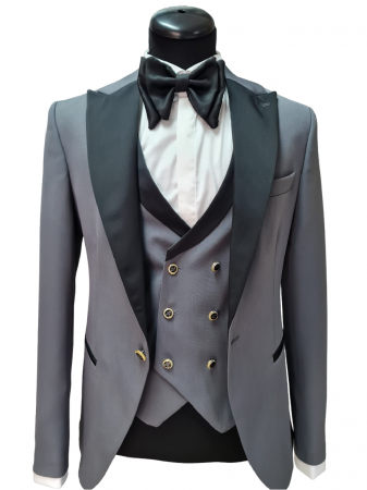 Ceremonie - Costum de Ceremonie Gri - Rever Negru