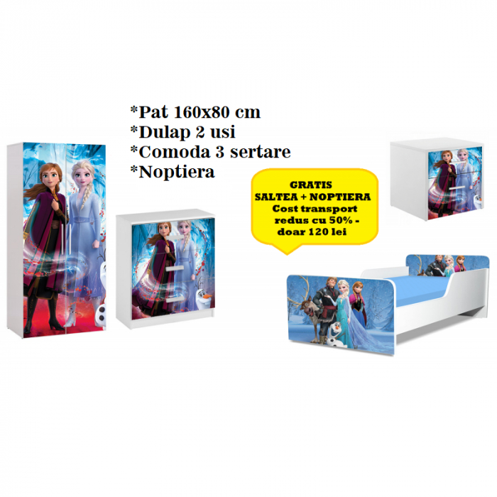 SET DORMITOR FROZEN, PAT 160X80, DULAP 2 USI, COMODA, NOPTIERA 160*80 CM [1]