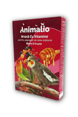 Hrana pentru pasari exotice - Hrana cu vitamine pentru papagali talie mijlocie, cu miere si fructe, Animalio, 400 g