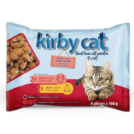 Pisici - Hrana umeda pisici, plic cu pui si vita, Kirby Cat, 100 gr/4 plicuri