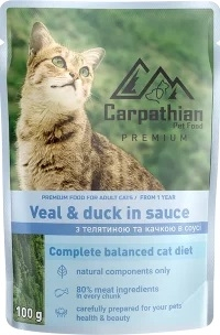 Hrana umeda pentru pisici - Hrana Premium Pisica, Carpathian, Plic cu Vitel si Rata, 24x100 gr