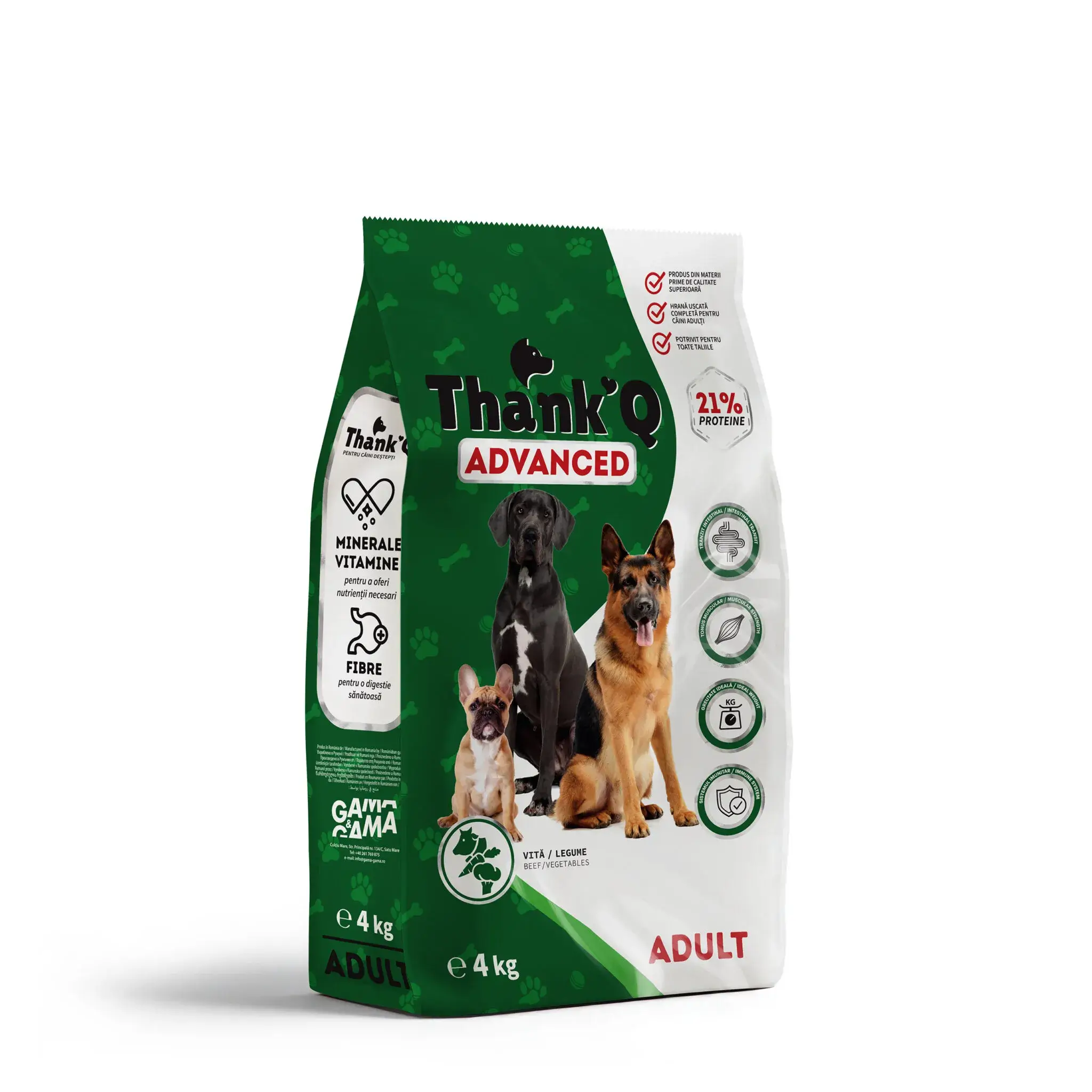 Hrana uscata pentru caini - Hrana uscata caini adulti cu vita si legume, ThankQ Advanced, 4 Kg
