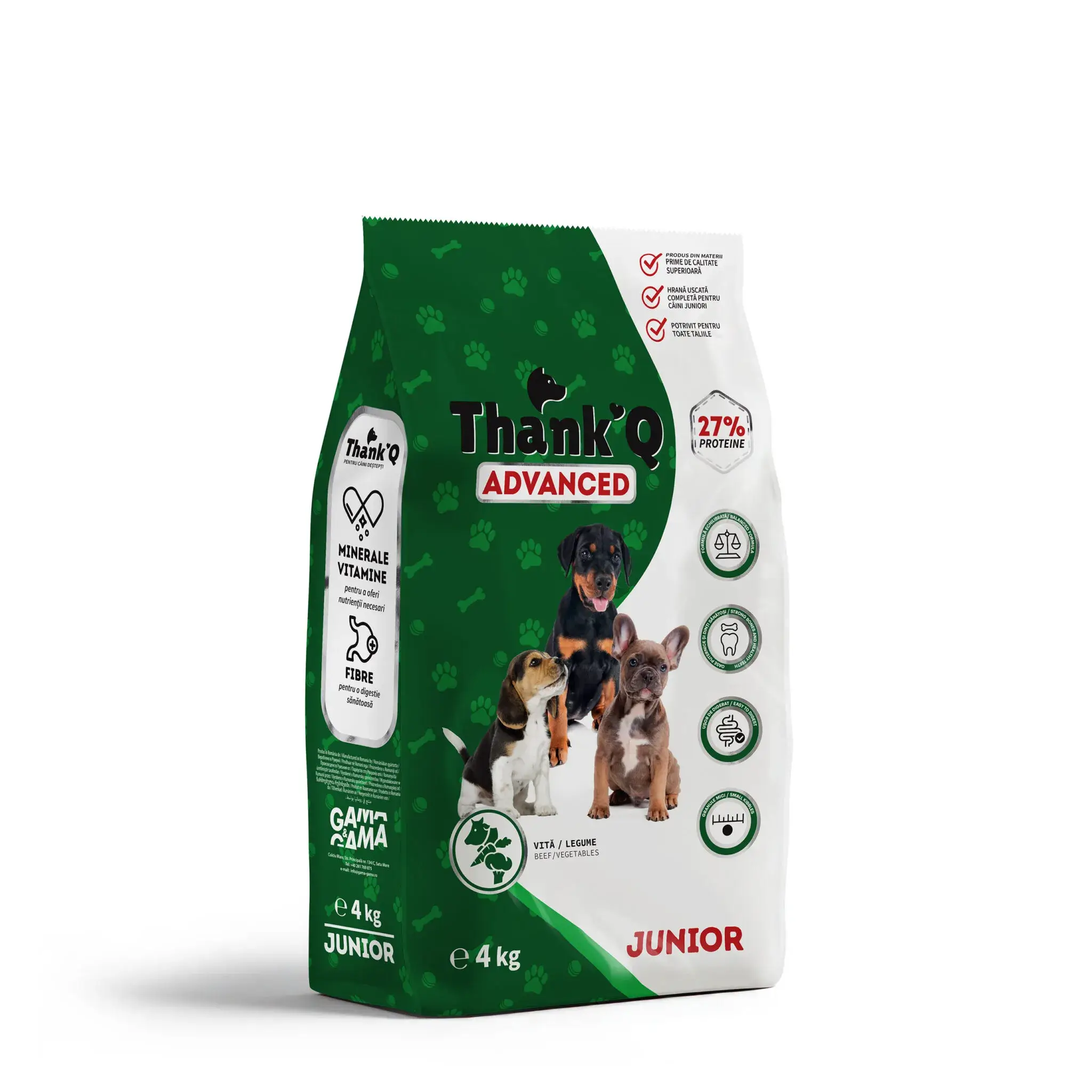 Hrana uscata pentru caini - Hrana uscata caini juniori talie mica cu vita si legume, ThankQ Advanced, 4 Kg