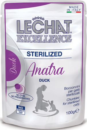 Hrana umeda pentru pisici - Hrana Pisici Sterile, plic cu Rata, Lechat Excellence, 100g x 22 + 2 gratuite