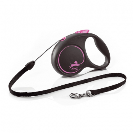 Accesorii pentru caini - Lesa Retractabila, Cord Flexi, Black Design, S 5 M/12 Kg, Roz