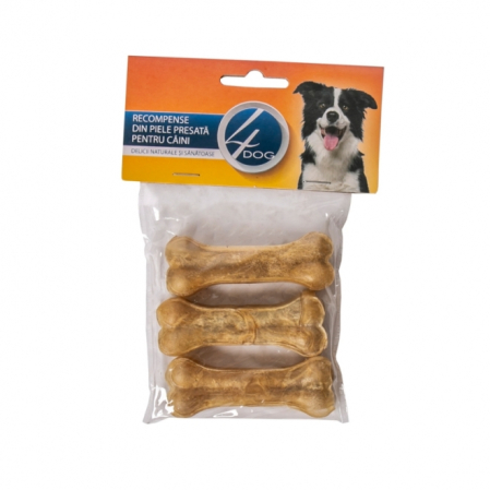 Recompense pentru caini - Os presat 4 Dog, recompensa din piele presata pentru caini, 8.5 cm, 3 buc pe set