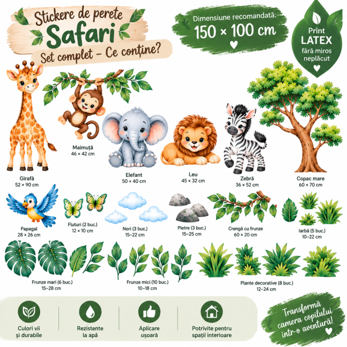 Stickere de perete copii Safari cu animale – 150×100 cm – Print Latex [3]