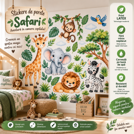 Stickere de perete copii Safari cu animale – 150×100 cm – Print Latex