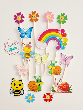 Toppere carton personalizabile - Set toppere Flori colorate si fluturi 
