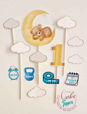 Toppere Tort - Set toppere Ursulet pe luna si date de nastere