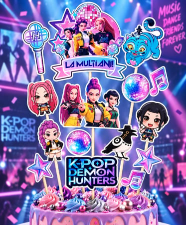 Toppere carton personalizabile - Set toppere KPop Demon Hunters cu ribbon