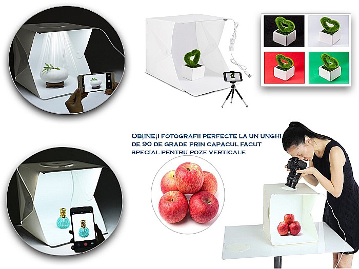 Cort Foto 40x40 cm pentru pozat produse cu 2 benzi de leduri si 1 set leduri circulare, 4 culori diferite de fundal, Geanta [4]
