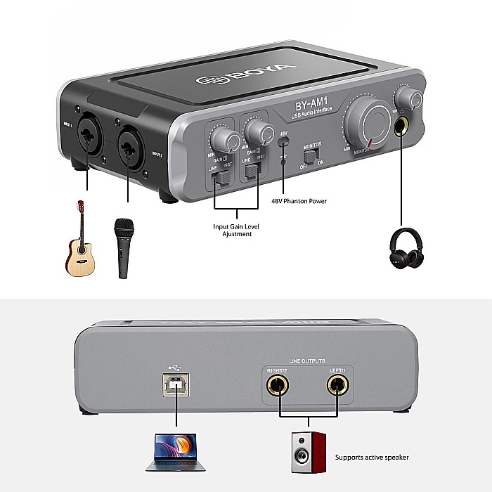 Mixer Audio BOYA BY-AM1 cu 2 Canale USB – Mixer Dual-Channel cu Intrări XLR și 6,35mm, Monitorizare Fără Latență și Alimentare Phantom 48V [4]