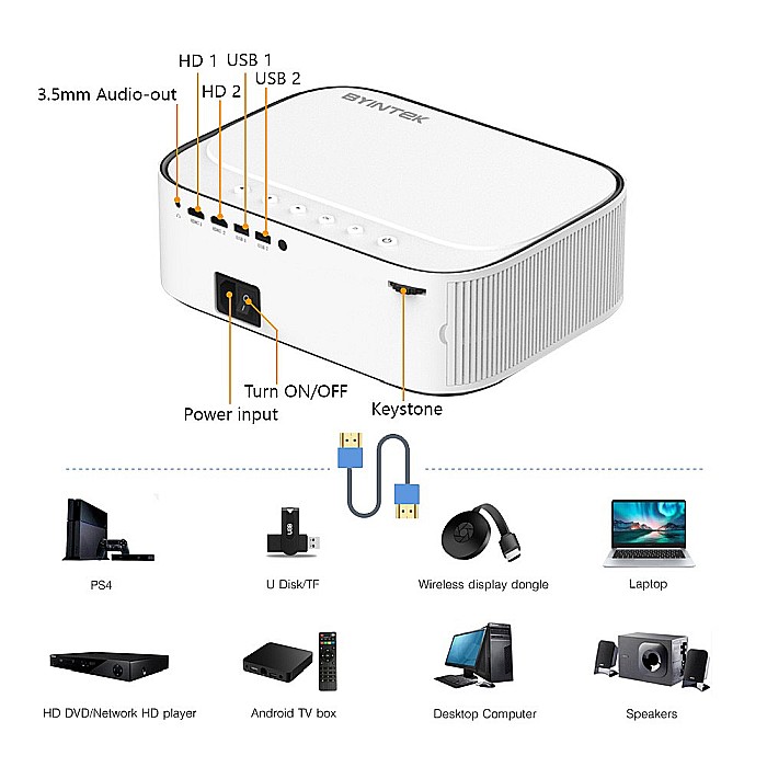 Videoproiector LCD smart, BYINTEK K45, Real full HD 1080P, 4k, 700 ANSI lumeni, Android 9.0, HDMI, USB [4]