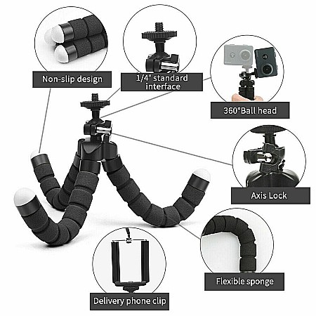 Trepied flexibil, ajustabil pentru telefon / camera cu cap rotativ, Negru [5]