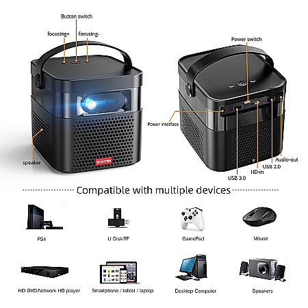 Videoproiector smart portabil, BYINTEK U70 PRO, 400 ANSI lumeni, 4K, Android 9.0 [4]