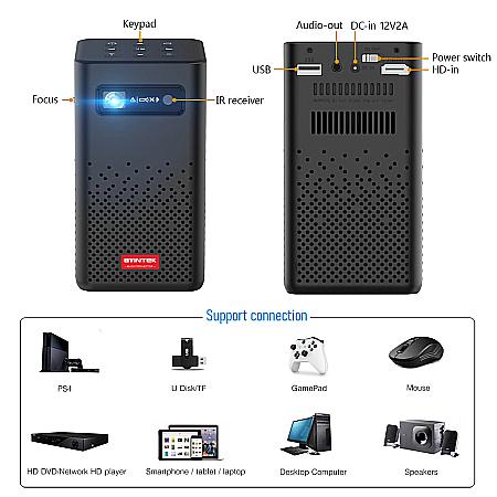 Videoproiector smart portabil, BYINTEK UFO P20, 280 ANSI lumeni, 4K, Android 9.0 [3]