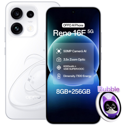 Reno16 F 5G - Telefon mobil OPPO Reno 16 F, 256GB, 8GB RAM, 5G Dual SIM, Pop White + OPPO Bubble E-Badge + Husa MagSafe Luxury Cristal - Copie