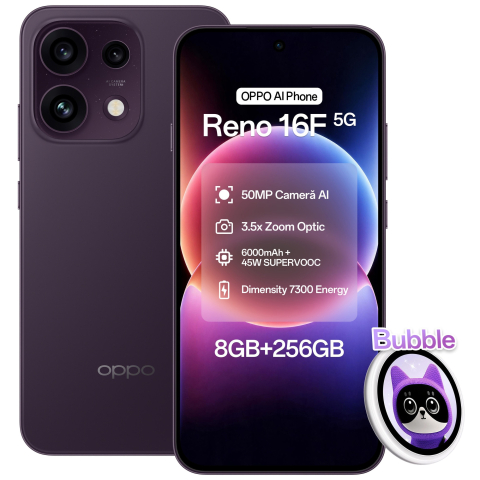 Reno16 F 5G - Telefon mobil OPPO Reno 16 F, 256GB, 8GB RAM, 5G Dual SIM, Purple Black + OPPO Bubble E-Badge + Husa MagSafe Luxury Cristal