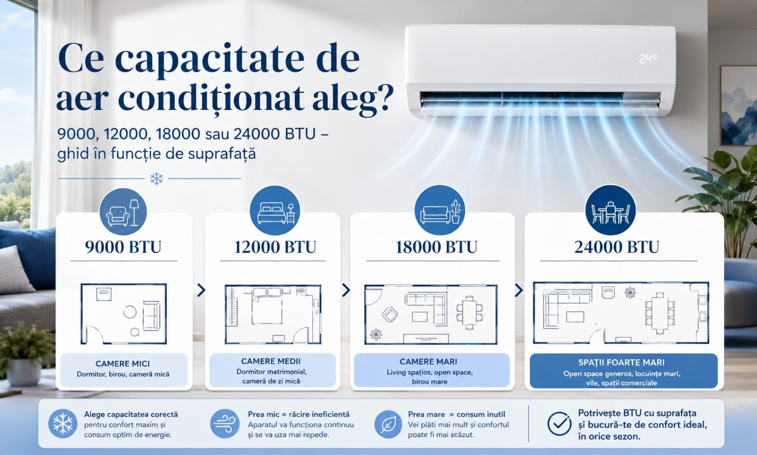 Ce capacitate de aer condiționat aleg? 9000, 12000, 18000 sau 24000 BTU – ghid în funcție de suprafață