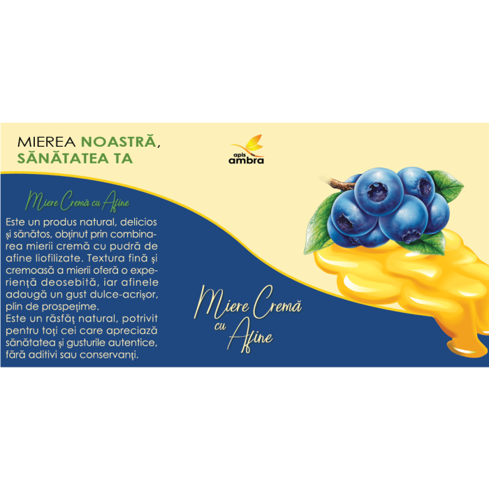 Miere Cremă cu Afine Apis Ambra, 100% naturală din România. O combinație delicioasă de miere cremă și afine, plină de antioxidanți și vitamine. Perfectă pentru micul dejun sau deserturi. [2]