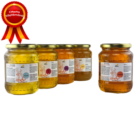 Miere Polifloră - Aromele Stupinei ( miere de Salcâm, Fâneaţă, Rapiţă, Floare de Mai  + 1 x Polifloră 950g GRATIS )
