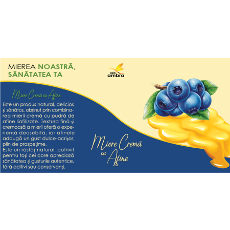 Miere Cremă cu Afine Apis Ambra, 100% naturală din România. O combinație delicioasă de miere cremă și afine, plină de antioxidanți și vitamine. Perfectă pentru micul dejun sau deserturi. [1]