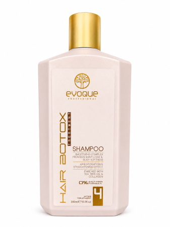 Cu Keratina - Șampon Profesional EVOQUE Hair Botox #4, 300 ml – Reparare, Hidratare și Netezire pentru Păr Degradat, cu Colagen și Ulei de Arbore de Ceai