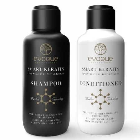 Ingrijire Par - Set Travel Smart Keratin EVOQUE USA – Șampon + Balsam 2 x 100 ml, Reparare și Netezire pentru Păr Degradat, Frizat sau Tratat Chimic