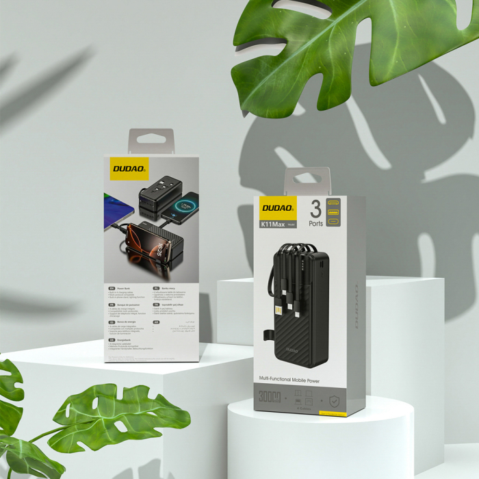 Baterie externă Dudao K11 Max 30000mAh – Cabluri Încorporate, Lanternă LED, Încărcare Rapidă, USB-A & USB-C, Negru [5]