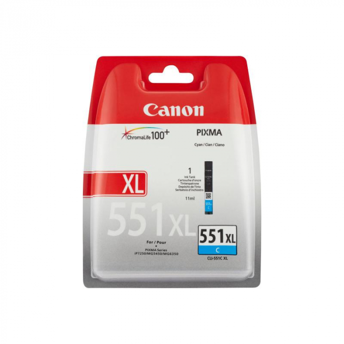 Cartus cerneala Canon CLI-551XL, cyan, capacitate 11ml, pentru Canon Pixma IP7250, Pixma IP8750, Pixma IX6850, Pixma MG5450, Pixma MG5550, Pixma MG6350, Pixma MG6450, Pixma MG7150, Pixma MX925. [1]