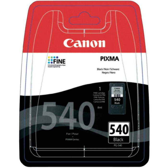 Cartus cerneala Canon PG-540, black, capacitate 8ml / 180 pagini, pentru Canon Pixma MG2150, Pixma MG2250, Pixma MG3150, Pixma MG3250, Pixma MG3550, Pixma MG4150, Pixma MG4250, Pixma MX375, Pixma MX395, Pixma MX435, Pixma MX455, Pixma MX475, Pixma MX515, Pixma MX525, Pixma MX535. [1]