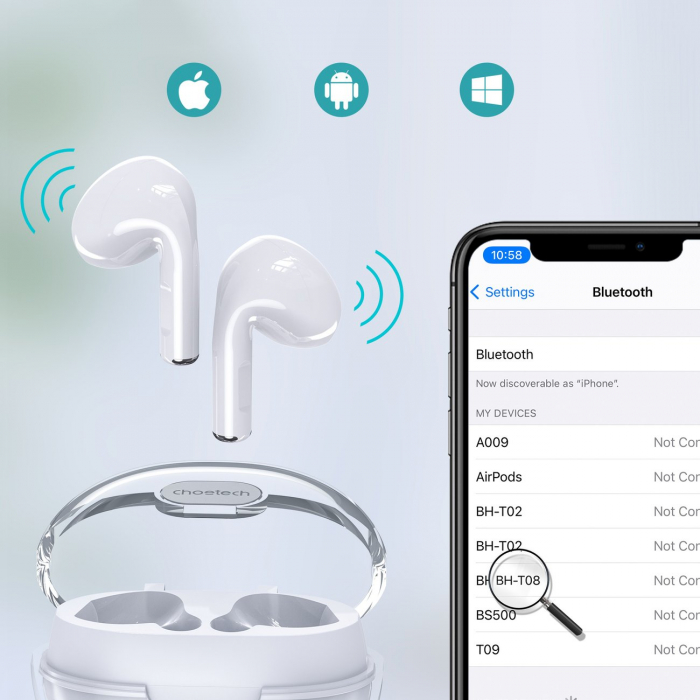 Căști Wireless Choetech TWS BH-T08 Alb – Sunet Clar, Autonomie Lungă, Cu Carcasă de Încărcare [3]