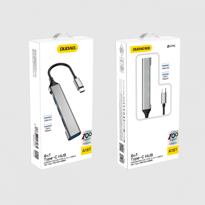 Dudao HUB 4in1 USB-C - 4x USB-A (3 x USB2.0 / USB3.0) 6.3cm black (A16T) [5]