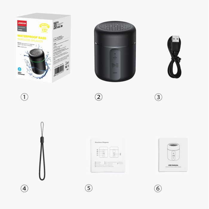 Difuzor portabil wireless Bluetooth 5.0 Joyroom JR-ML02 negru – Sunet HiFi de 5W, impermeabil IPX7, baterie de 1200 mAh și multiple opțiuni de redare [8]