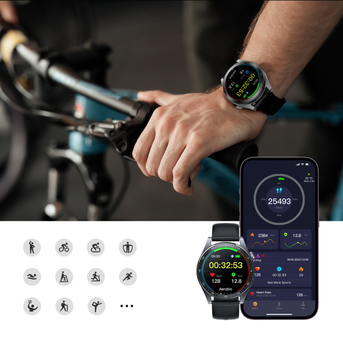 Smartwatch cu functie de preluare apel Joyroom FC2 IP68 Black (JR-FC2) + curea de piele cadou in pachet [8]