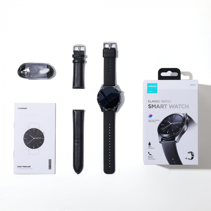 Smartwatch cu functie de preluare apel Joyroom FC2 IP68 Black (JR-FC2) + curea de piele cadou in pachet [11]
