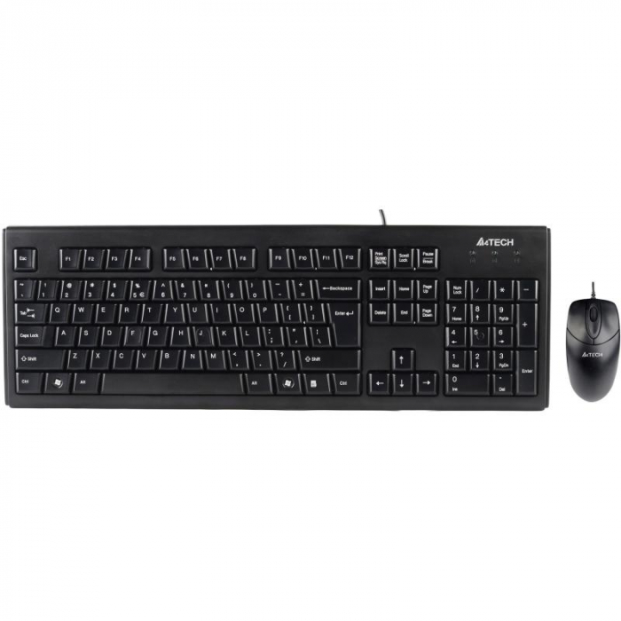 Kit tastatură și mouse A4tech KRS-8372 cu fir, negru – Tastatură ergonomică cu 12 taste multimedia și mouse optic de 1200 DPI [1]