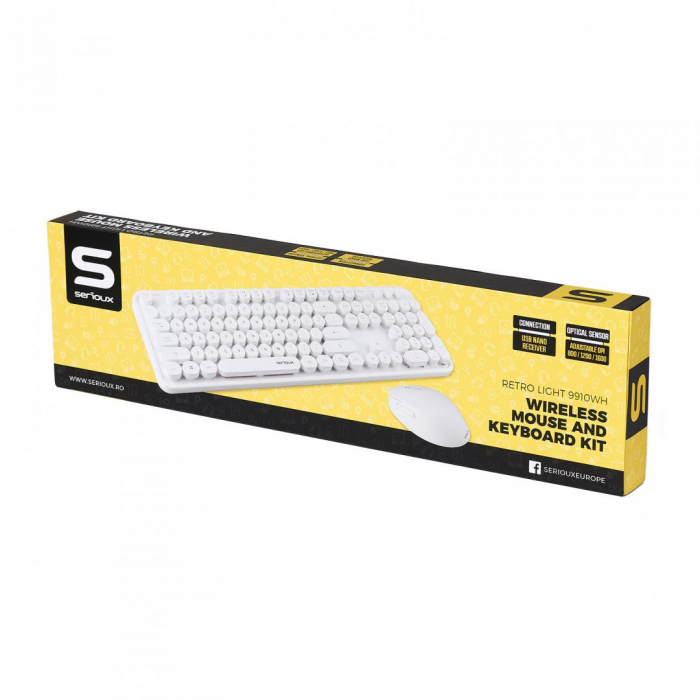 Kit tastatura + mouse Serioux Retro light 9910WH, wireless 2.4GHz, US layout, multimedia, mouse optic 800-1600dpi, USB, nano receiver, alb [3]